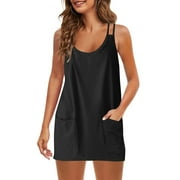 Diufon Womens Tennis Dress Workout Mini Dress Built in Shorts Sleeveless Spaghetti Straps Golf Athletic Dresses